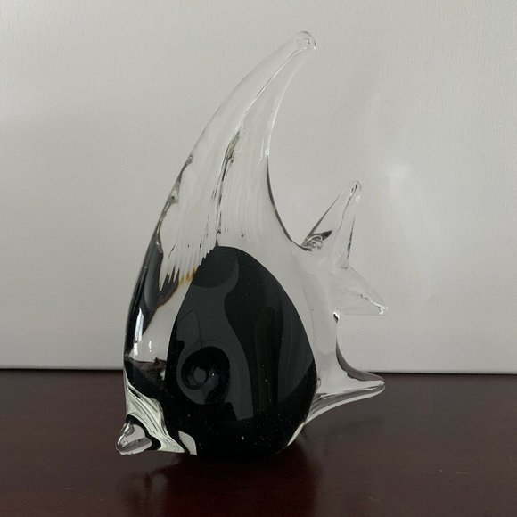 Murano Glass Art Hand Blown Glass Angelfish Clear Black Tropical Figurine 7.5" - Picture 3 of 8